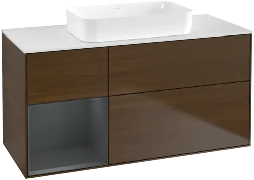 VILLEROY BOCH Toaletní skříňka Finion, s osvětlením, 3 výsuvy, 1200 x 603 x 501 mm, ořechová dýha / půlnočně modrý matný lak / sklo bílé matné #F701HGGN