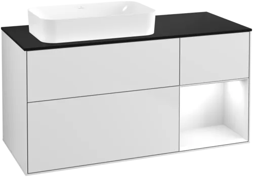 VILLEROY BOCH Toaletní skříňka Finion, s osvětlením, 3 výsuvy, 1200 x 603 x 501 mm, bílý matný lak / bílý lesklý lak / černé matné sklo #F692GFMT