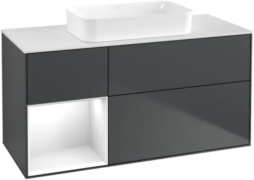 VILLEROY BOCH Toaletní skříňka Finion, s osvětlením, 3 výsuvy, 1200 x 603 x 501 mm, Midnight Blue Matt Lacquer / Glossy White Lacquer / Glass White Matt #F701GFHG