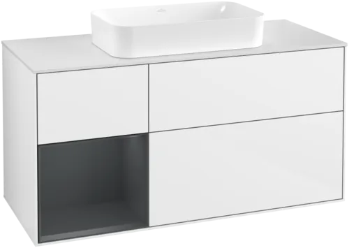 VILLEROY BOCH Toaletní skříňka Finion, s osvětlením, 3 výsuvy, 1200 x 603 x 501 mm, lesklý bílý lak / půlnoční modrý matný lak / bílé matné sklo #F701HGGF