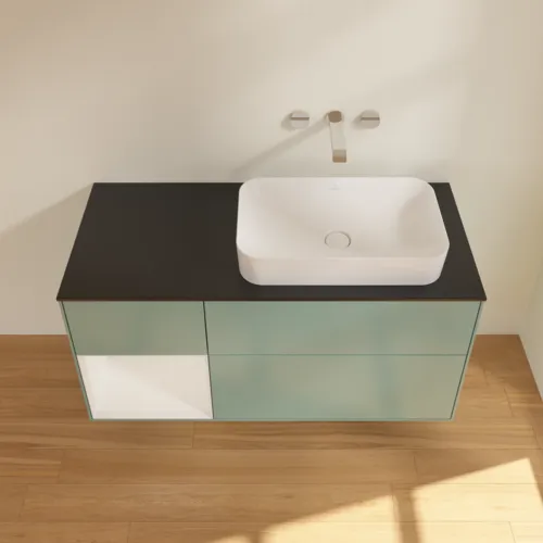 VILLEROY BOCH Toaletní skříňka Finion, s osvětlením, 3 výsuvy, 1200 x 603 x 501 mm, olivový matný lak / lesklý bílý lak / sklo černé matné #F682GFGM, obrázek 4