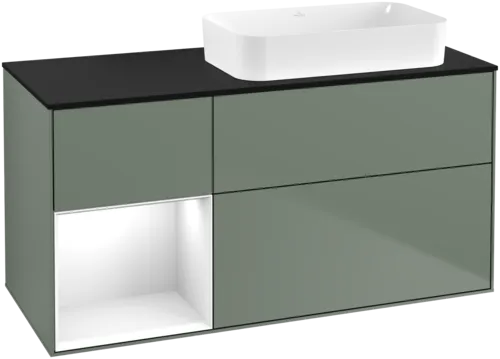 VILLEROY BOCH Toaletní skříňka Finion, s osvětlením, 3 výsuvy, 1200 x 603 x 501 mm, olivový matný lak / lesklý bílý lak / sklo černé matné #F682GFGM