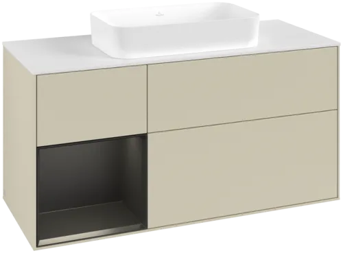 VILLEROY BOCH Toaletní skříňka Finion, s osvětlením, 3 výsuvy, 1200 x 603 x 501 mm, hedvábně šedý matný lak / černý matný lak / bílé matné sklo #F701PDHJ
