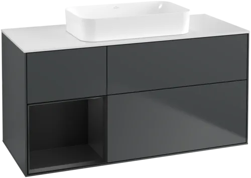 VILLEROY BOCH Toaletní skříňka Finion, s osvětlením, 3 výsuvy, 1200 x 603 x 501 mm, Midnight Blue Matt Lacquer / Black Matt Lacquer / Glass White Matt #F701PDHG