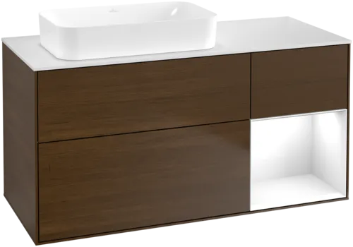 VILLEROY BOCH Toaletní skříňka Finion, s osvětlením, 3 výsuvy, 1200 x 603 x 501 mm, ořechová dýha / lesklý bílý lak / sklo bílé matné #F691GFGN
