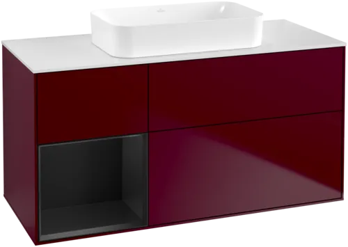 VILLEROY BOCH Toaletní skříňka Finion, s osvětlením, 3 výsuvy, 1200 x 603 x 501 mm, Pivoňka matný lak / Černý matný lak / Sklo bílé matné #F701PDHB