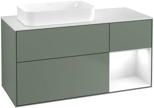 VILLEROY BOCH Toaletní skříňka Finion, s osvětlením, 3 výsuvy, 1200 x 603 x 501 mm, olivově matný lak / lesklý bílý lak / sklo bílé matné #F691GFGM