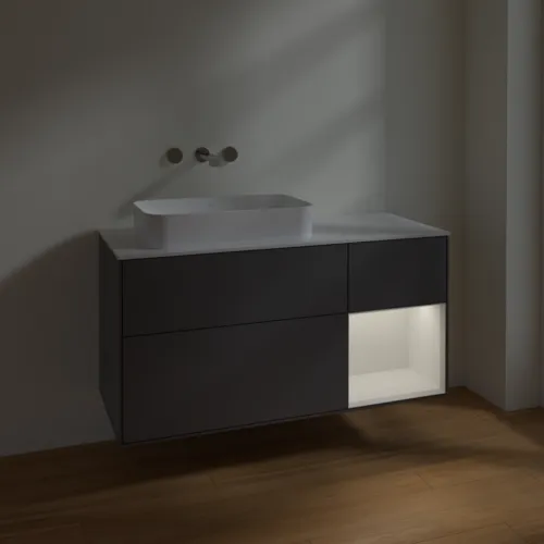 VILLEROY BOCH Toaletní skříňka Finion, s osvětlením, 3 výsuvy, 1200 x 603 x 501 mm, antracit matný lak / lesklý bílý lak / sklo bílé matné #F691GFGK, obrázek 3