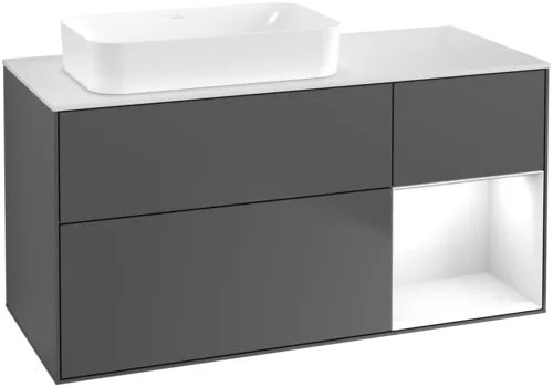 VILLEROY BOCH Toaletní skříňka Finion, s osvětlením, 3 výsuvy, 1200 x 603 x 501 mm, antracit matný lak / lesklý bílý lak / sklo bílé matné #F691GFGK
