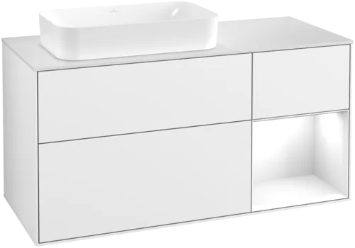 VILLEROY BOCH Toaletní skříňka Finion, s osvětlením, 3 výsuvy, 1200 x 603 x 501 mm, lesklý bílý lak / lesklý bílý lak / sklo bílé matné #F691GFGF