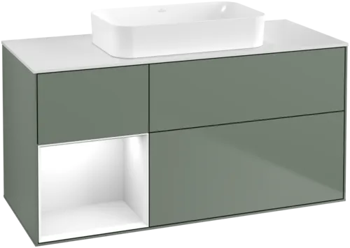 VILLEROY BOCH Toaletní skříňka Finion, s osvětlením, 3 výsuvy, 1200 x 603 x 501 mm, olivově matný lak / lesklý bílý lak / sklo bílé matné #F701GFGM
