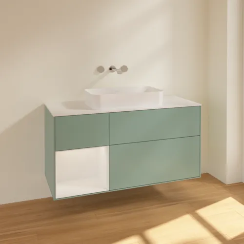 VILLEROY BOCH Toaletní skříňka Finion, s osvětlením, 3 výsuvy, 1200 x 603 x 501 mm, olivově matný lak / lesklý bílý lak / sklo bílé matné #F701GFGM, obrázek 2