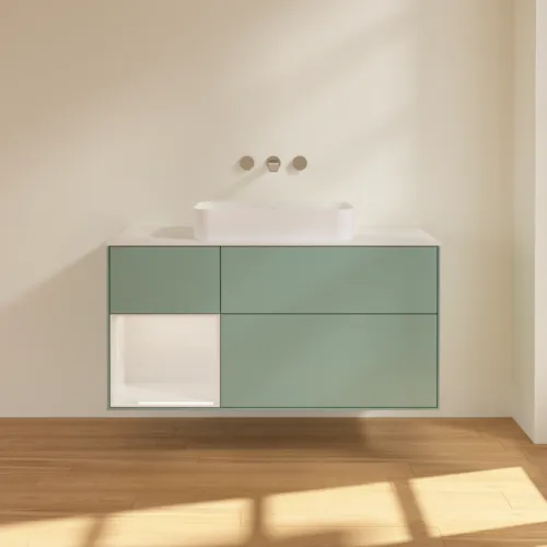VILLEROY BOCH Toaletní skříňka Finion, s osvětlením, 3 výsuvy, 1200 x 603 x 501 mm, olivově matný lak / lesklý bílý lak / sklo bílé matné #F701GFGM, obrázek 3