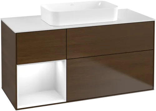 VILLEROY BOCH Toaletní skříňka Finion, s osvětlením, 3 výsuvy, 1200 x 603 x 501 mm, ořechová dýha / lesklý bílý lak / sklo bílé matné #F701GFGN