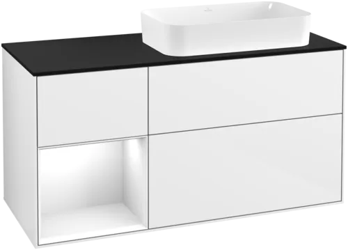 VILLEROY BOCH Toaletní skříňka Finion, s osvětlením, 3 výsuvy, 1200 x 603 x 501 mm, lesklý bílý lak / lesklý bílý lak / sklo černé matné #F682GFGF