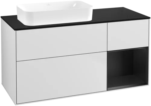 VILLEROY BOCH Toaletní skříňka Finion, s osvětlením, 3 výsuvy, 1200 x 603 x 501 mm, bílý matný lak / černý matný lak / černé matné sklo #F692PDMT