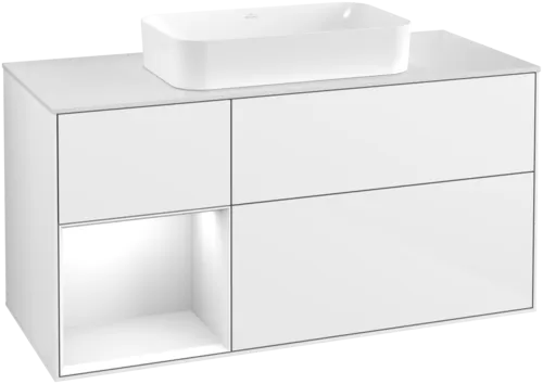 VILLEROY BOCH Toaletní skříňka Finion, s osvětlením, 3 výsuvy, 1200 x 603 x 501 mm, lesklý bílý lak / lesklý bílý lak / sklo bílé matné #F701GFGF