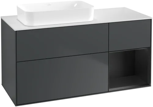 VILLEROY BOCH Toaletní skříňka Finion, s osvětlením, 3 výsuvy, 1200 x 603 x 501 mm, Midnight Blue Matt Lacquer / Black Matt Lacquer / Glass White Matt #F691PDHG