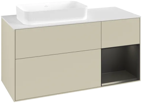 VILLEROY BOCH Toaletní skříňka Finion, s osvětlením, 3 výsuvy, 1200 x 603 x 501 mm, hedvábně šedý matný lak / černý matný lak / bílé matné sklo #F691PDHJ