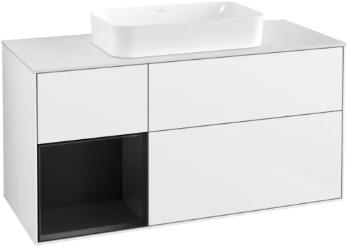 VILLEROY BOCH Toaletní skříňka Finion, s osvětlením, 3 výsuvy, 1200 x 603 x 501 mm, lesklý bílý lak / černý matný lak / sklo bílé matné #F701PDGF