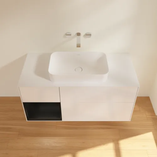 VILLEROY BOCH Toaletní skříňka Finion, s osvětlením, 3 výsuvy, 1200 x 603 x 501 mm, lesklý bílý lak / černý matný lak / sklo bílé matné #F701PDGF, obrázek 3