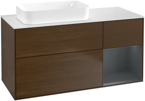 VILLEROY BOCH Toaletní skříňka Finion, s osvětlením, 3 výsuvy, 1200 x 603 x 501 mm, ořechová dýha / půlnočně modrý matný lak / sklo bílé matné #F691HGGN