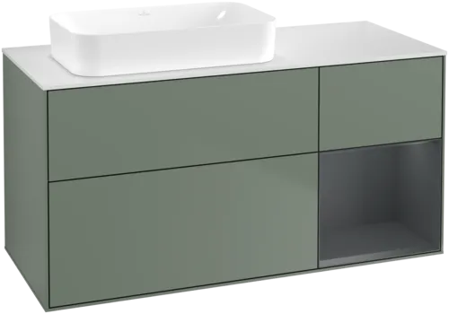 VILLEROY BOCH Toaletní skříňka Finion, s osvětlením, 3 výsuvy, 1200 x 603 x 501 mm, olivový matný lak / půlnoční modrý matný lak / bílé matné sklo #F691HGGM