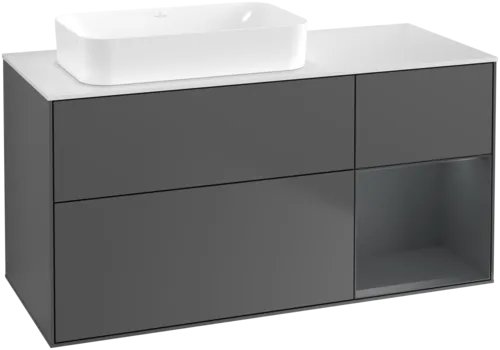 VILLEROY BOCH Toaletní skříňka Finion, s osvětlením, 3 výsuvy, 1200 x 603 x 501 mm, antracitový matný lak / půlnoční modrý matný lak / bílé matné sklo #F691HGGK