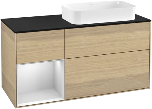 VILLEROY BOCH Toaletní skříňka Finion, s osvětlením, 3 výsuvy, 1200 x 603 x 501 mm, dubová dýha / bílý matný lak / černé matné sklo #F682MTPC
