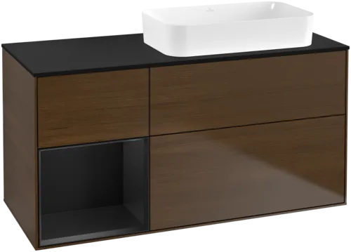 VILLEROY BOCH Toaletní skříňka Finion, s osvětlením, 3 výsuvy, 1200 x 603 x 501 mm, ořechová dýha / černý matný lak / černé matné sklo #F682PDGN