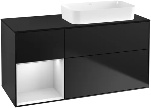 VILLEROY BOCH Toaletní skříňka Finion, s osvětlením, 3 výsuvy, 1200 x 603 x 501 mm, černý matný lak / bílý matný lak / černé matné sklo #F682MTPD