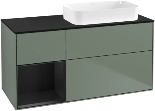 VILLEROY BOCH Toaletní skříňka Finion, s osvětlením, 3 výsuvy, 1200 x 603 x 501 mm, olivový matný lak / černý matný lak / černé matné sklo #F682PDGM