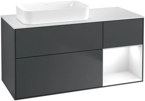 VILLEROY BOCH Toaletní skříňka Finion, s osvětlením, 3 výsuvy, 1200 x 603 x 501 mm, Midnight Blue Matt Lacquer / Glossy White Lacquer / Glass White Matt #F691GFHG