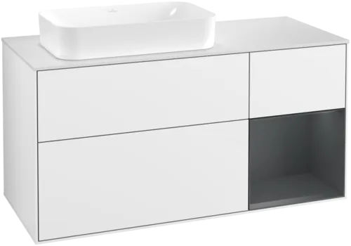 VILLEROY BOCH Toaletní skříňka Finion, s osvětlením, 3 výsuvy, 1200 x 603 x 501 mm, lesklý bílý lak / půlnoční modrý matný lak / bílé matné sklo #F691HGGF