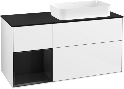 VILLEROY BOCH Toaletní skříňka Finion, s osvětlením, 3 výsuvy, 1200 x 603 x 501 mm, lesklý bílý lak / černý matný lak / černé matné sklo #F682PDGF