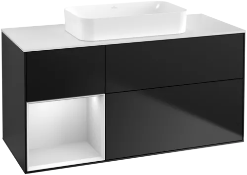 VILLEROY BOCH Toaletní skříňka Finion, s osvětlením, 3 výsuvy, 1200 x 603 x 501 mm, černý matný lak / bílý matný lak / bílé matné sklo #F701MTPD