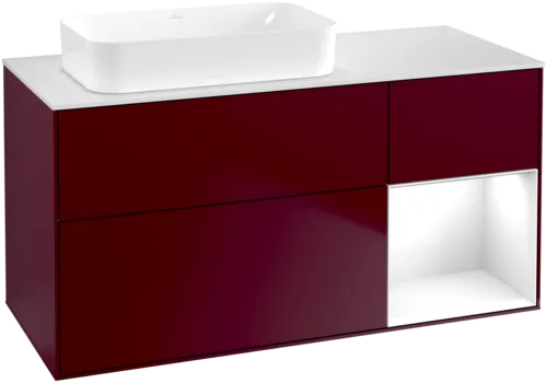 VILLEROY BOCH Toaletní skříňka Finion, s osvětlením, 3 výsuvy, 1200 x 603 x 501 mm, matný lak Peony / lesklý bílý lak / matné bílé sklo #F691GFHB