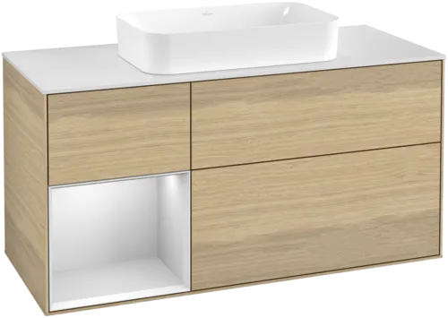 VILLEROY BOCH Toaletní skříňka Finion, s osvětlením, 3 výsuvy, 1200 x 603 x 501 mm, dubová dýha / bílý matný lak / bílé matné sklo #F701MTPC