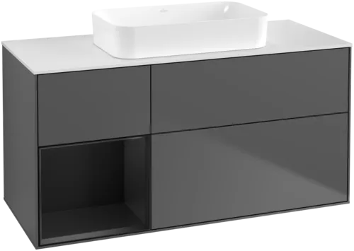 VILLEROY BOCH Toaletní skříňka Finion, s osvětlením, 3 výsuvy, 1200 x 603 x 501 mm, antracitový matný lak / černý matný lak / bílé matné sklo #F701PDGK