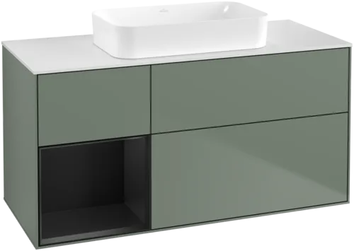 VILLEROY BOCH Toaletní skříňka Finion, s osvětlením, 3 výsuvy, 1200 x 603 x 501 mm, olivový matný lak / černý matný lak / bílé matné sklo #F701PDGM