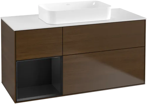 VILLEROY BOCH Toaletní skříňka Finion, s osvětlením, 3 výsuvy, 1200 x 603 x 501 mm, ořechová dýha / černý matný lak / sklo bílé matné #F701PDGN