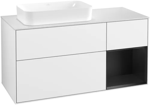 VILLEROY BOCH Toaletní skříňka Finion, s osvětlením, 3 výsuvy, 1200 x 603 x 501 mm, lesklý bílý lak / černý matný lak / sklo bílé matné #F691PDGF