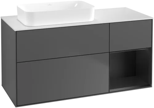 VILLEROY BOCH Toaletní skříňka Finion, s osvětlením, 3 výsuvy, 1200 x 603 x 501 mm, antracitový matný lak / černý matný lak / bílé matné sklo #F691PDGK