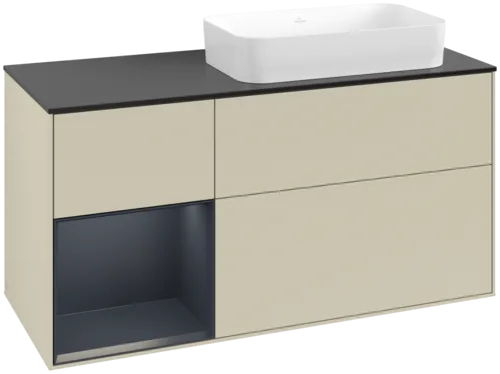 VILLEROY BOCH Toaletní skříňka Finion, s osvětlením, 3 výsuvy, 1200 x 603 x 501 mm, Silk Grey Matt Lacquer / Midnight Blue Matt Lacquer / Glass Black Matt #F682HGHJ
