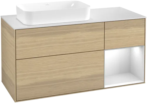 VILLEROY BOCH Toaletní skříňka Finion, s osvětlením, 3 výsuvy, 1200 x 603 x 501 mm, dubová dýha / bílý matný lak / bílé matné sklo #F691MTPC