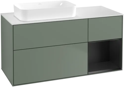 VILLEROY BOCH Toaletní skříňka Finion, s osvětlením, 3 výsuvy, 1200 x 603 x 501 mm, olivový matný lak / černý matný lak / bílé matné sklo #F691PDGM