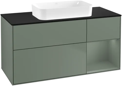 VILLEROY BOCH Toaletní skříňka Finion, s osvětlením, 3 výsuvy, 1200 x 603 x 501 mm, olivově matný lak / olivově matný lak / sklo černé matné #F712GMGM