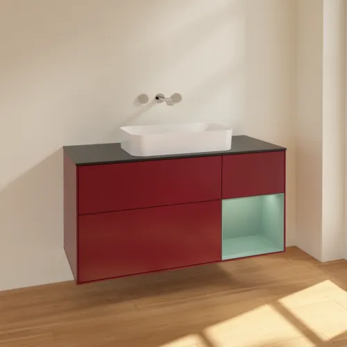 VILLEROY BOCH Toaletní skříňka Finion, s osvětlením, 3 výsuvy, 1200 x 603 x 501 mm, Pivoňka matný lak / Olivový matný lak / Sklo černé matné #F712GMHB, obrázek 2