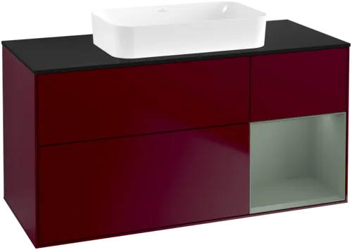 VILLEROY BOCH Toaletní skříňka Finion, s osvětlením, 3 výsuvy, 1200 x 603 x 501 mm, Pivoňka matný lak / Olivový matný lak / Sklo černé matné #F712GMHB