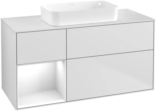 VILLEROY BOCH Umyvadlová skříňka Finion, s osvětlením, 3 výsuvy, 1200 x 603 x 501 mm, bílý matný lak / bílý lesklý lak / bílé matné sklo #F701GFMT